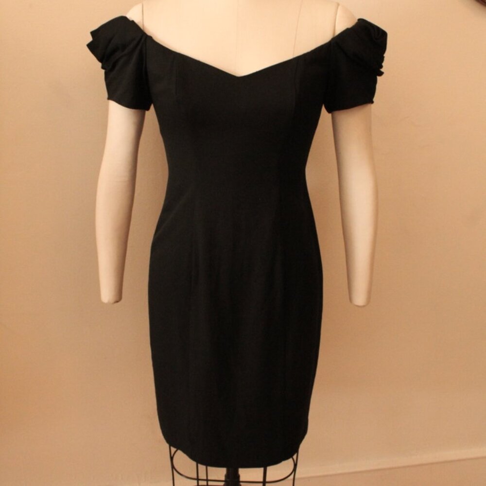 1980's Black Off the Shoulder Cowl Draped Exclusively Gantos Dress